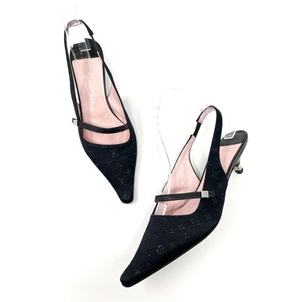 Vintage Louis Vuitton 90s Y2K Black Logo Monogram Slingback Kitten Heels 37.5